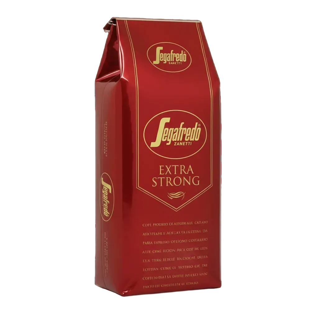 A red bag of Segafredo Extra Strong coffee with gold lettering and borders, shown on a clean white background.